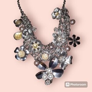 Signed statement floral beaded ornate bib necklace NY silvertone